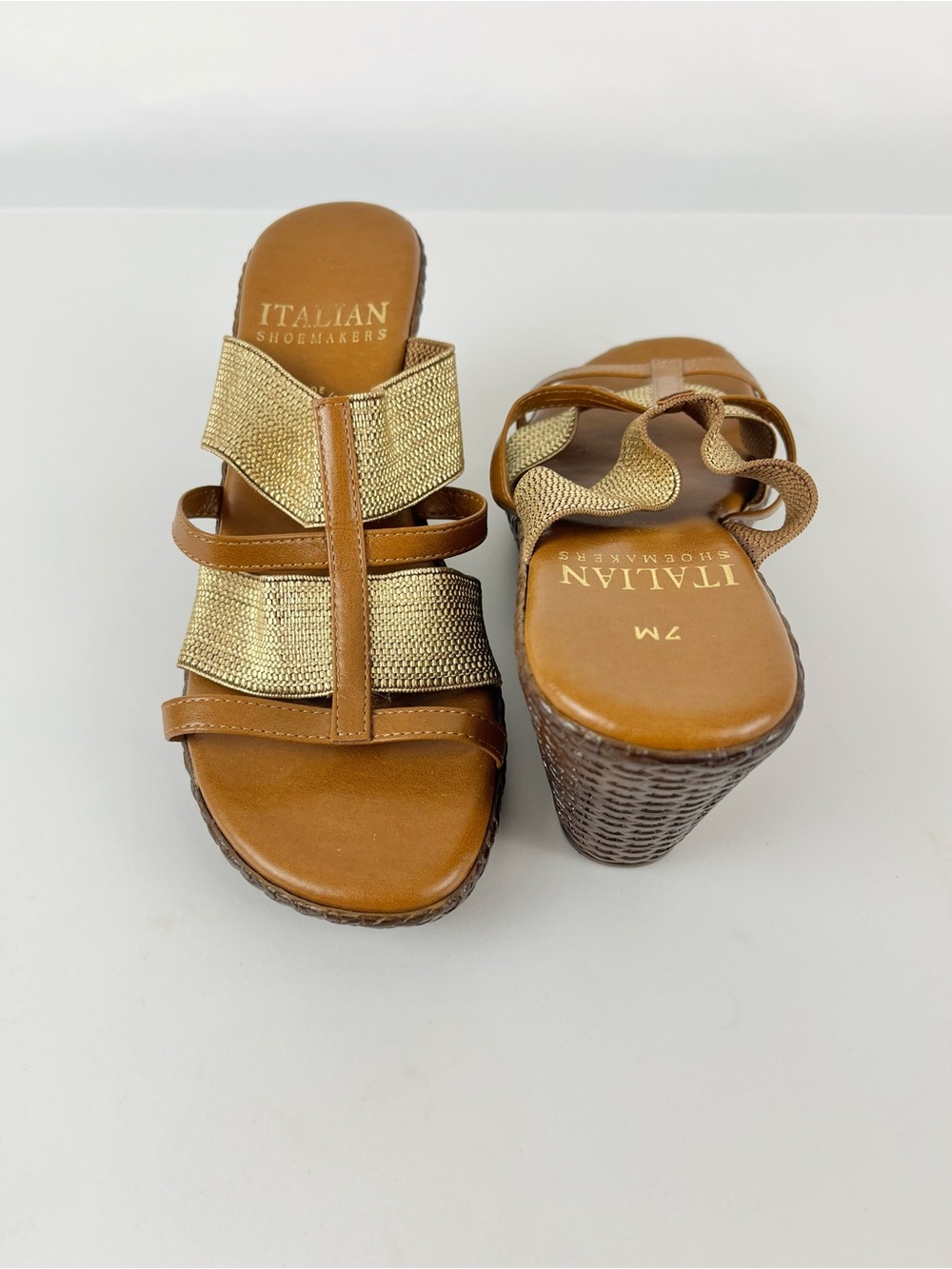 Italian Shoemakers Metallic Gold and Dark Tan Woven Wedge Sandals Size 7